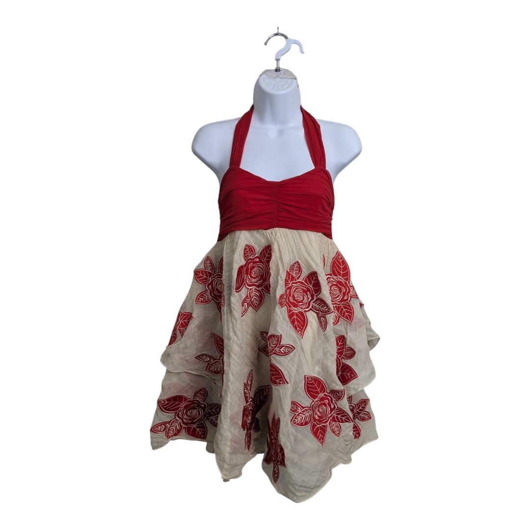 Alice + Olivia Side Cascade Halter Mini Dress Silk Red Roses Fit And Flare Xs
